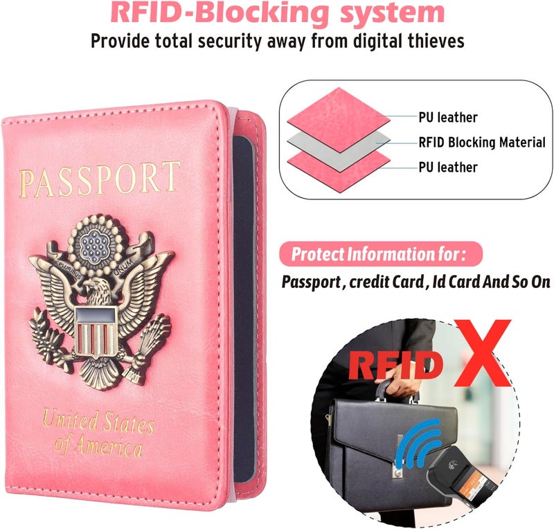 Coowayze Passport Holder for Travel Women, RFID Blocking Passport Wallet Cover Case, Waterproof Leather Travel Wallet, Document Protector for Traveling Accessories-Hot Pink - Image 3